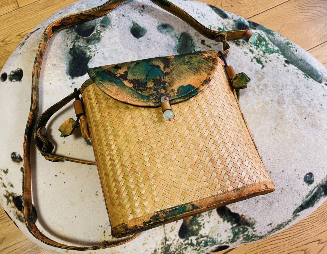 Handwoven Bamboo Crossbody Bag | Landscape Silk Flap & Jade Clasp | Oriental Handbag