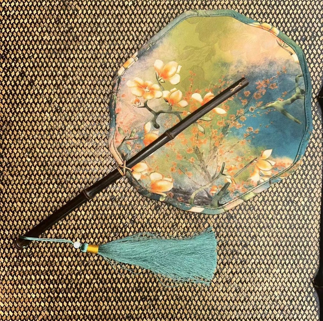 Handcrafted Silk Round Palace Fan | Magnolia & Plum Blossom | Chinese Court Fan