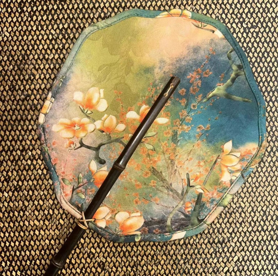 Handcrafted Silk Round Palace Fan | Magnolia & Plum Blossom | Chinese Court Fan