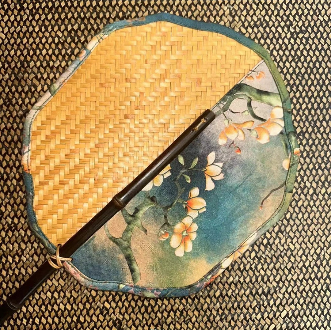 Handcrafted Silk Round Palace Fan | Magnolia & Plum Blossom | Chinese Court Fan