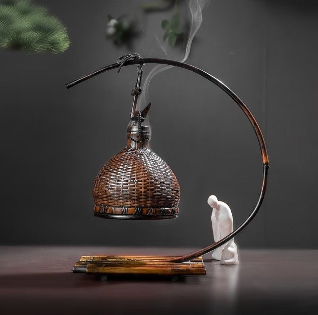 Handwoven Half-Moon Lacquer Incense Burner | Bamboo & Rattan Zen Decor