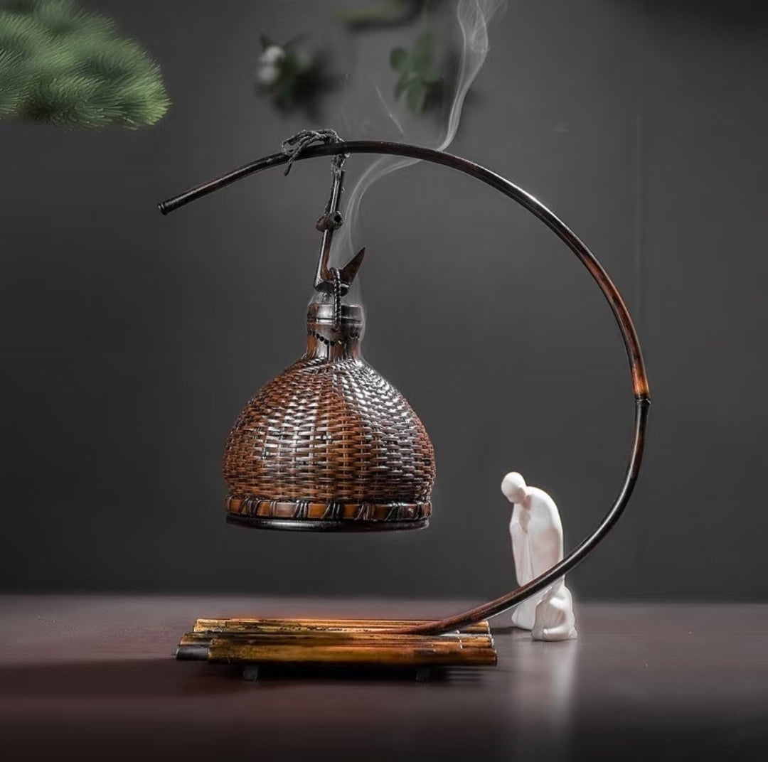 Handwoven Half-Moon Lacquer Incense Burner | Bamboo & Rattan Zen Decor
