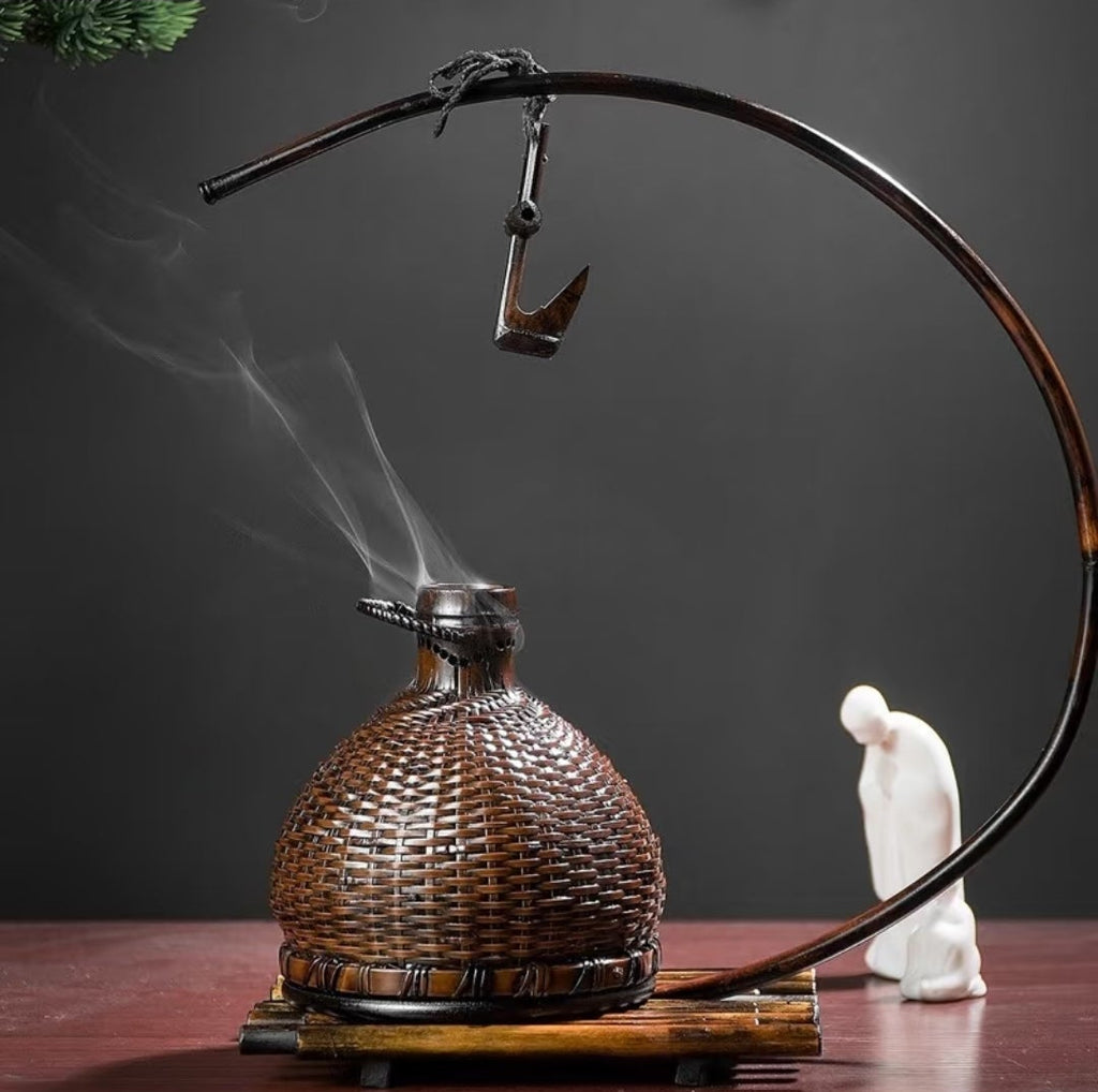 Handwoven Half-Moon Lacquer Incense Burner | Bamboo & Rattan Zen Decor