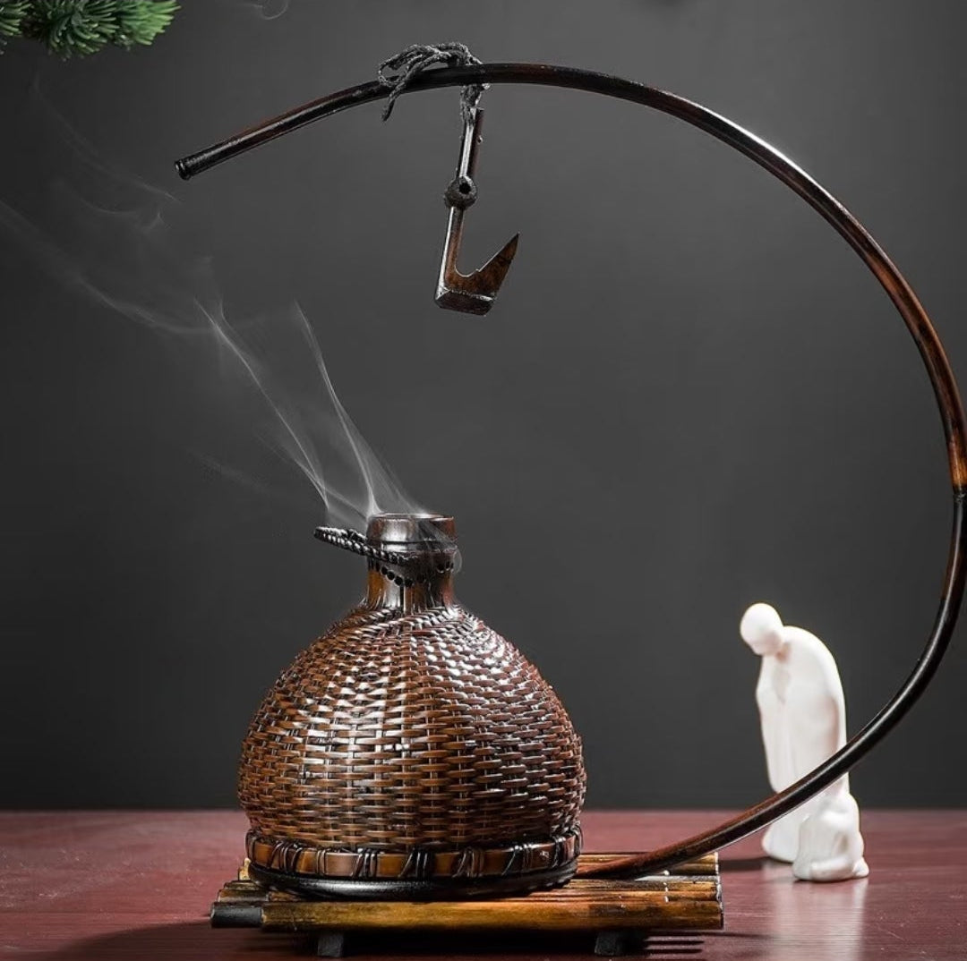 Handwoven Half-Moon Lacquer Incense Burner | Bamboo & Rattan Zen Decor