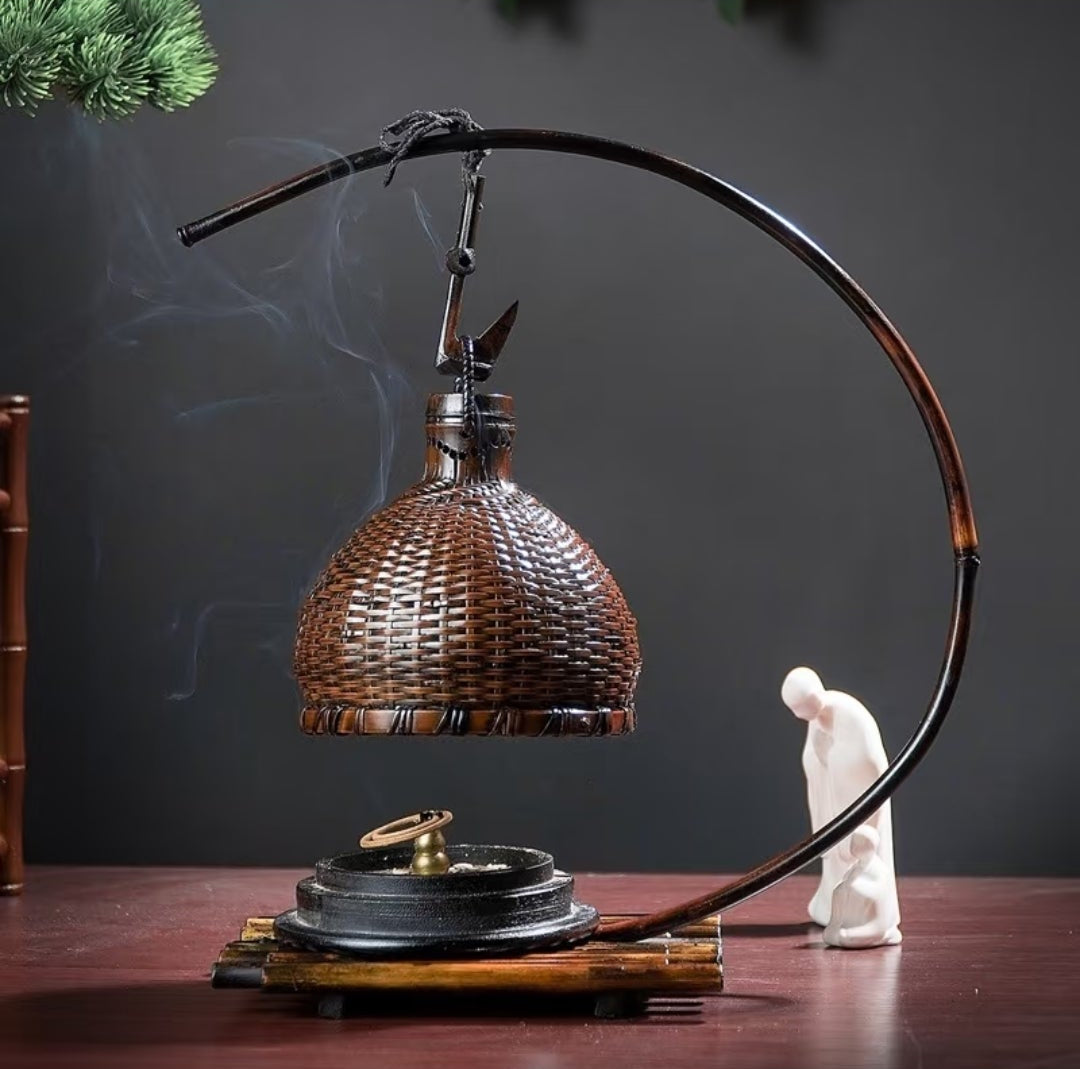 Handwoven Half-Moon Lacquer Incense Burner | Bamboo & Rattan Zen Decor
