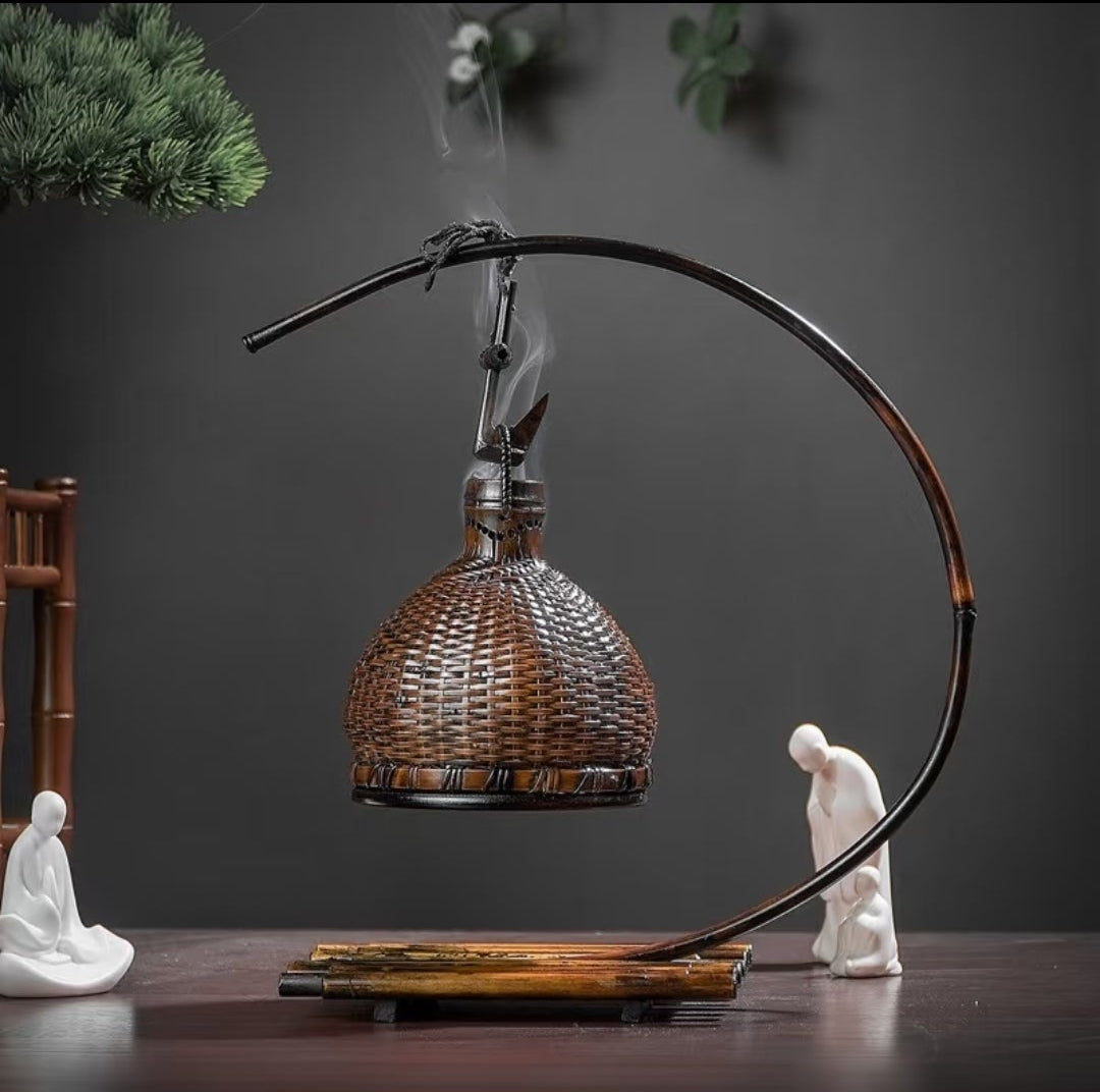 Handwoven Half-Moon Lacquer Incense Burner | Bamboo & Rattan Zen Decor