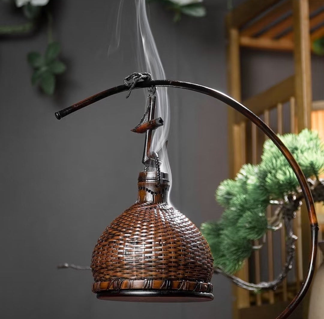 Handwoven Half-Moon Lacquer Incense Burner | Bamboo & Rattan Zen Decor