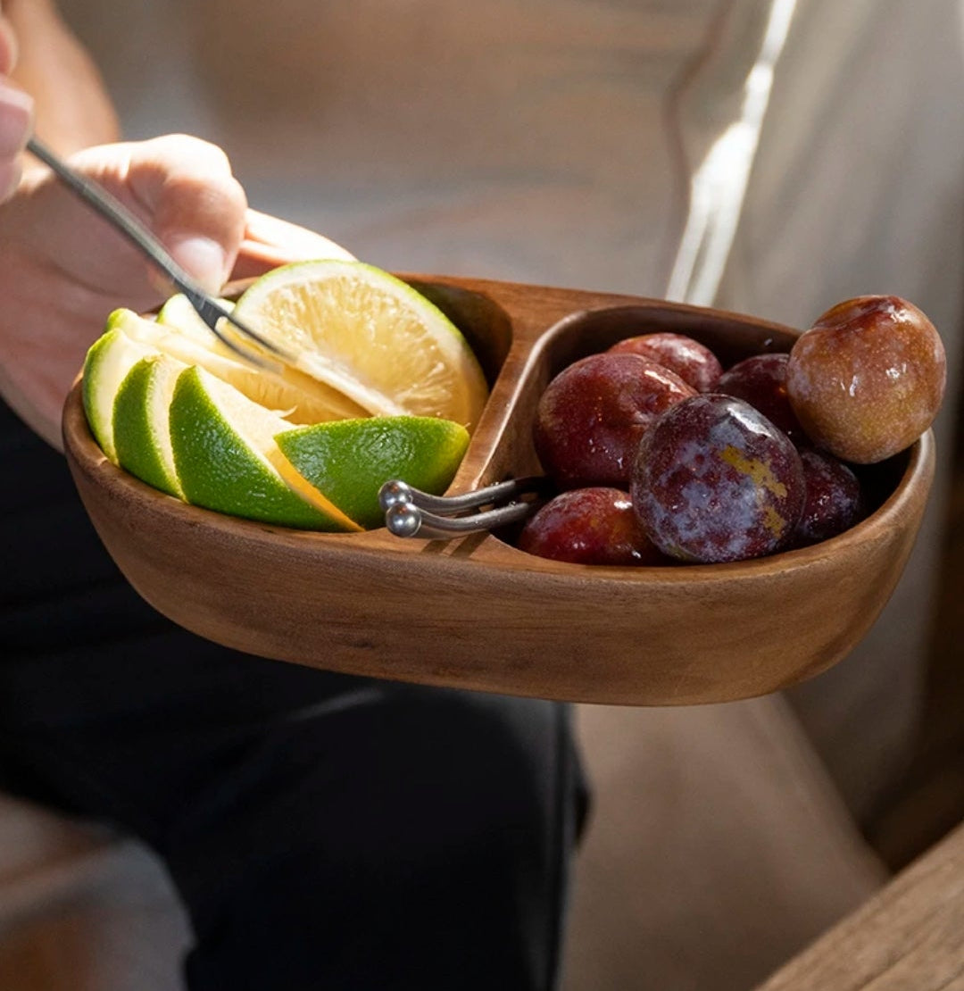 Handcrafted Walnut Two-Compartment Fruit & Snack Tray | Natural Wood Serving Dish