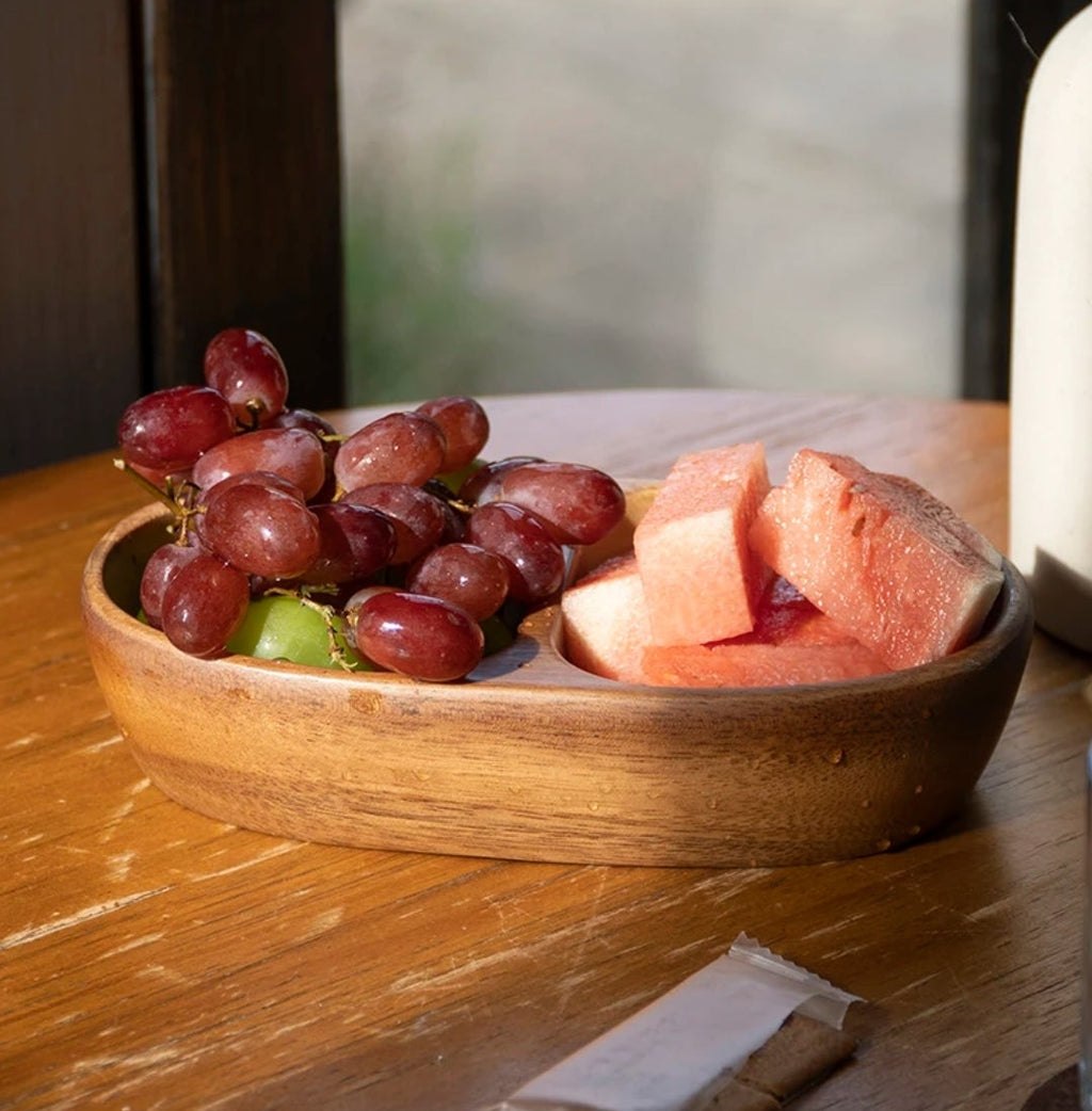 Handcrafted Walnut Two-Compartment Fruit & Snack Tray | Natural Wood Serving Dish