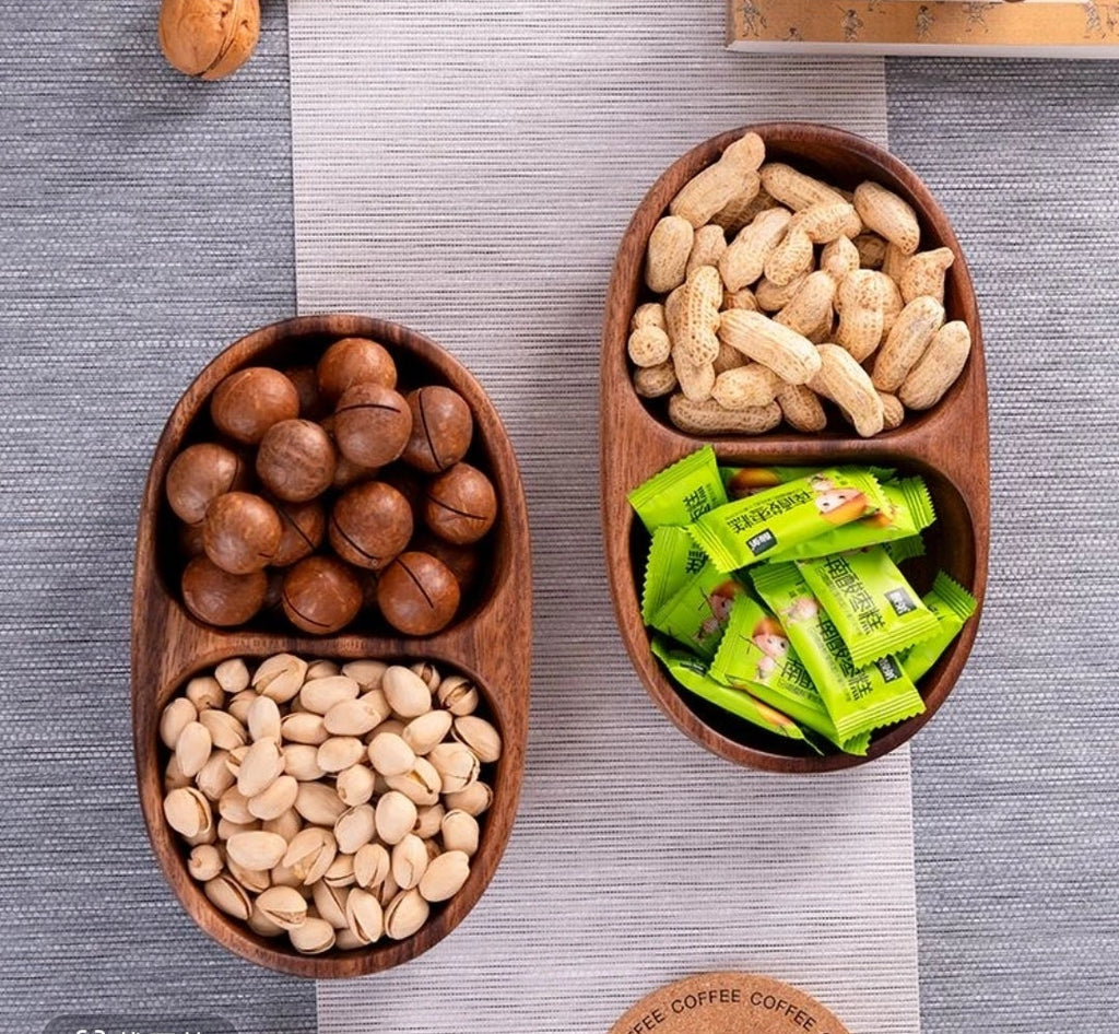 Handcrafted Walnut Two-Compartment Fruit & Snack Tray | Natural Wood Serving Dish