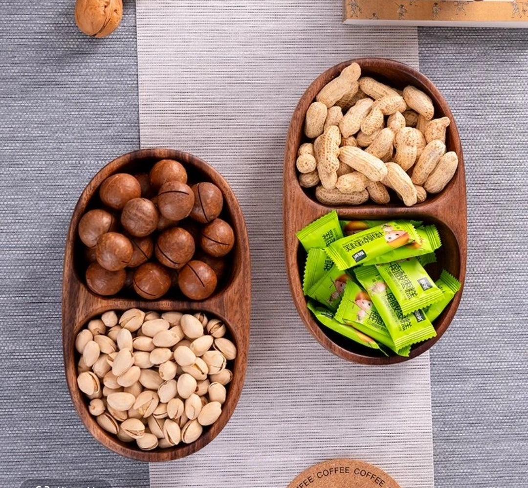 Handcrafted Walnut Two-Compartment Fruit & Snack Tray | Natural Wood Serving Dish