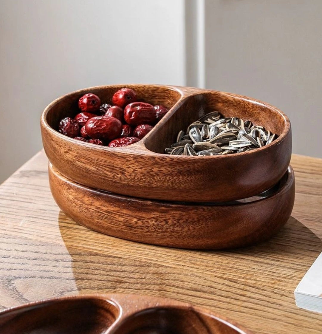 Handcrafted Walnut Two-Compartment Fruit & Snack Tray | Natural Wood Serving Dish