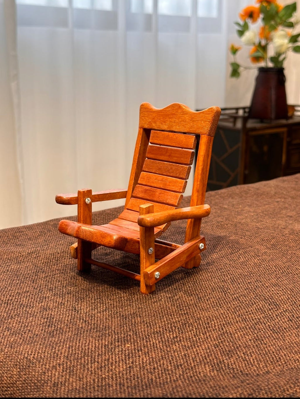 Myanmar Rosewood Miniature Folding Beach Chair Phone Stand | Handcrafted Wood Desk Accessory