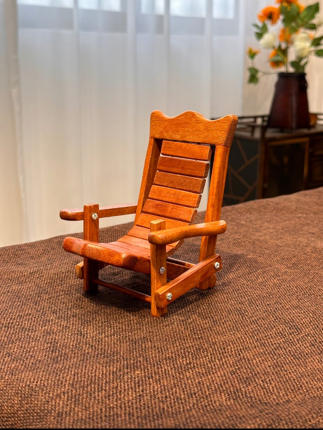Myanmar Rosewood Miniature Folding Beach Chair Phone Stand | Handcrafted Wood Desk Accessory