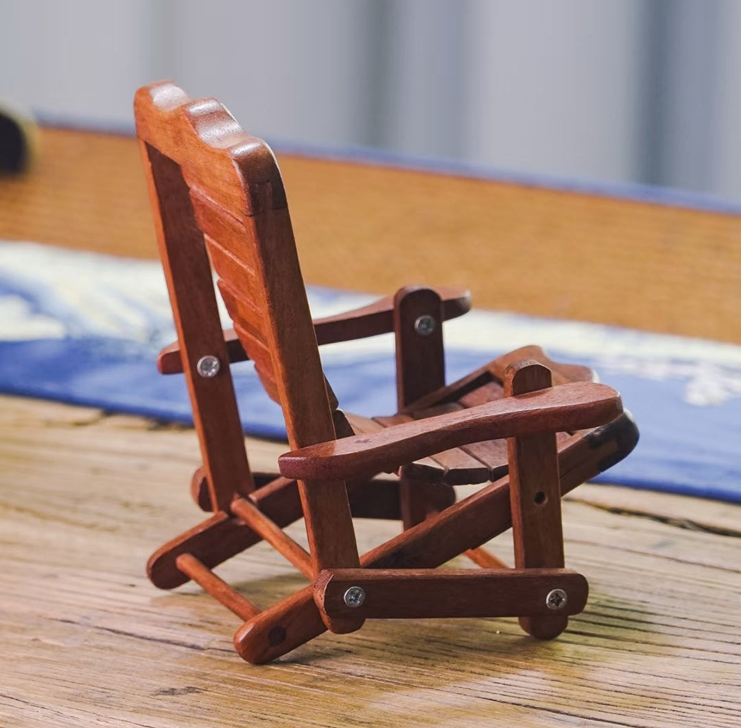 Myanmar Rosewood Miniature Folding Beach Chair Phone Stand | Handcrafted Wood Desk Accessory