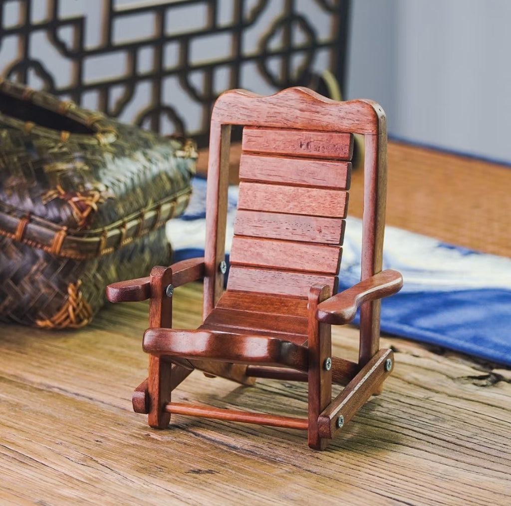Myanmar Rosewood Miniature Folding Beach Chair Phone Stand | Handcrafted Wood Desk Accessory