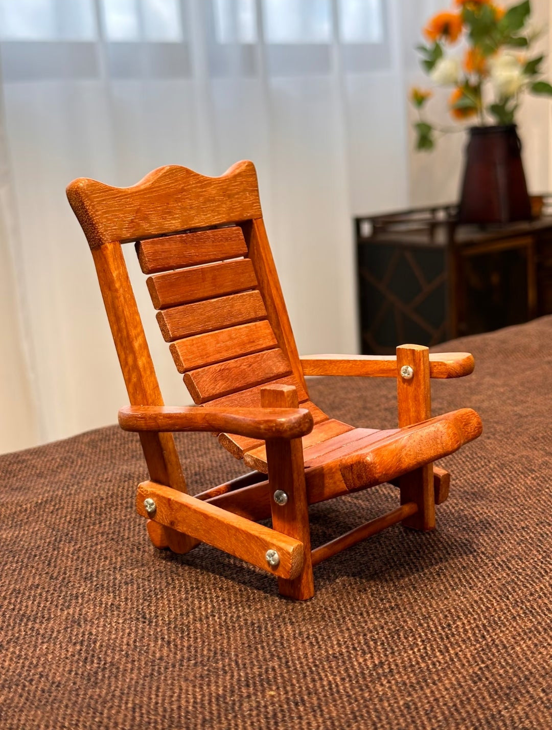 Myanmar Rosewood Miniature Folding Beach Chair Phone Stand | Handcrafted Wood Desk Accessory