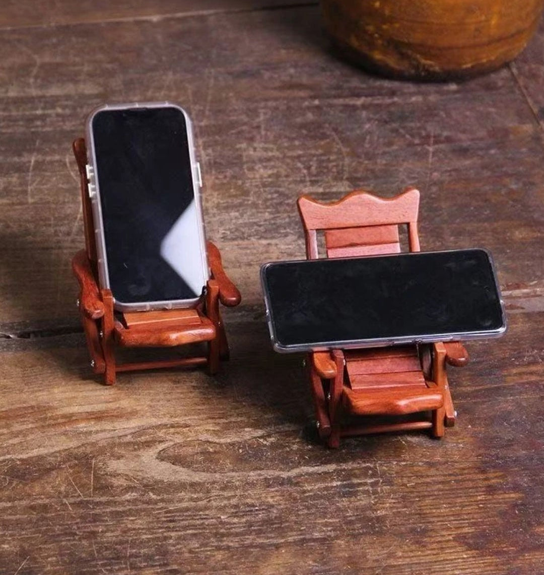 Myanmar Rosewood Miniature Folding Beach Chair Phone Stand | Handcrafted Wood Desk Accessory