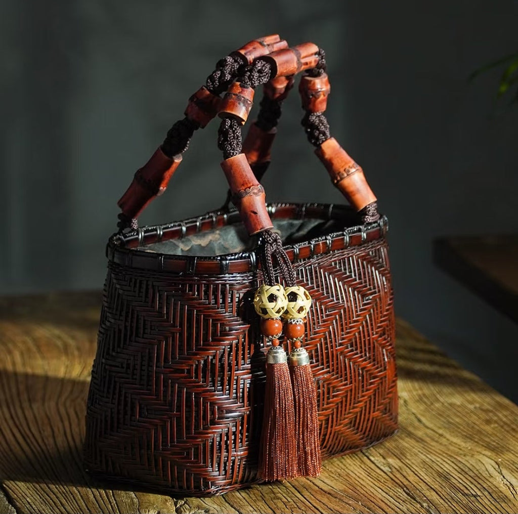 Handwoven Bamboo Wave Tote Bag | Red Bamboo Handle | Oriental Handbag