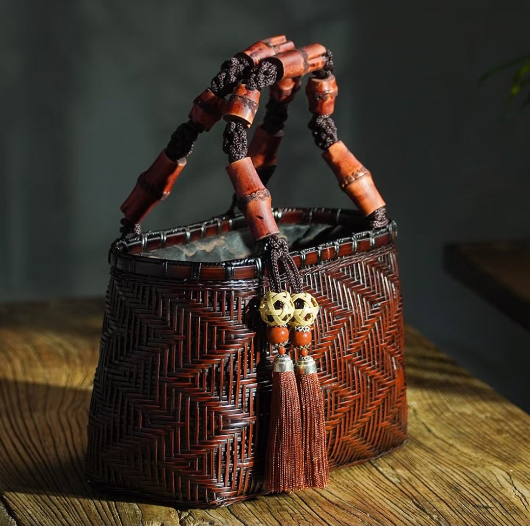 Handwoven Bamboo Wave Tote Bag | Red Bamboo Handle | Oriental Handbag