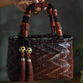 Handwoven Bamboo Wave Tote Bag | Red Bamboo Handle | Oriental Handbag