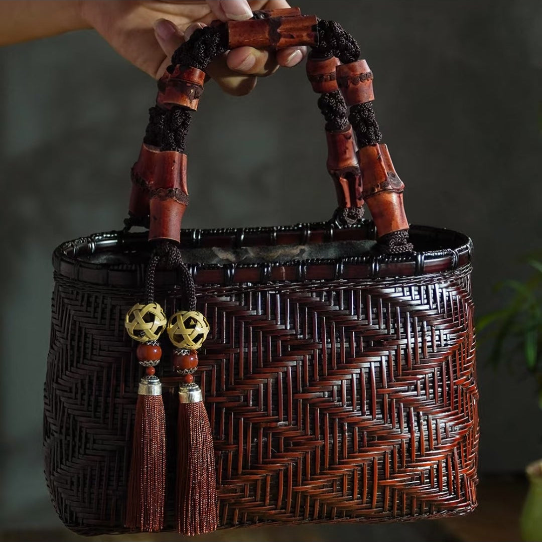 Handwoven Bamboo Wave Tote Bag | Red Bamboo Handle | Oriental Handbag