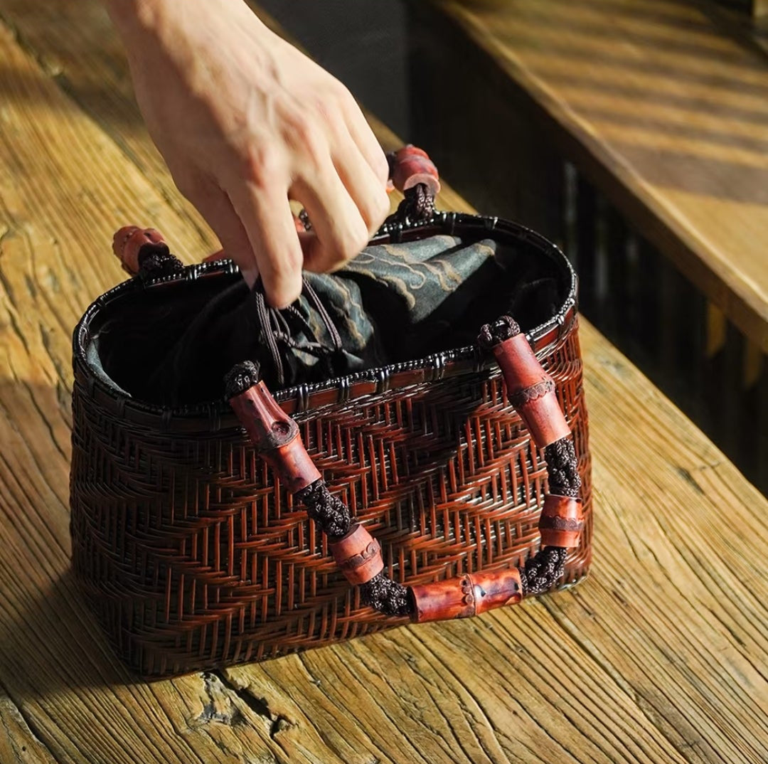 Handwoven Bamboo Wave Tote Bag | Red Bamboo Handle | Oriental Handbag