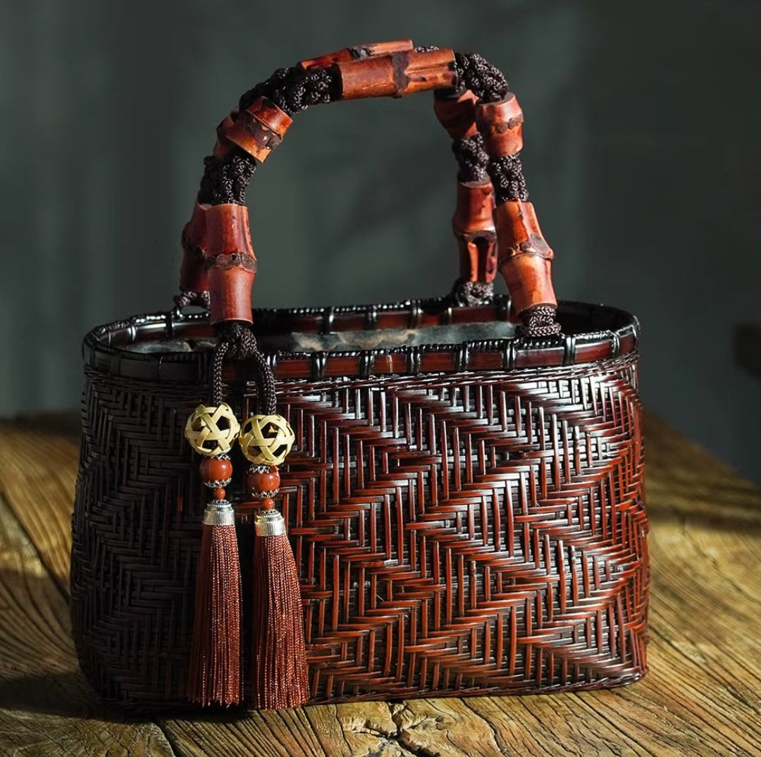 Handwoven Bamboo Wave Tote Bag | Red Bamboo Handle | Oriental Handbag