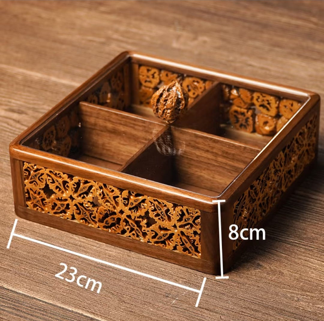 Handcrafted Walnut Shell Inlay Dry Fruit Box | 4-Compartment with Acrylic Lid