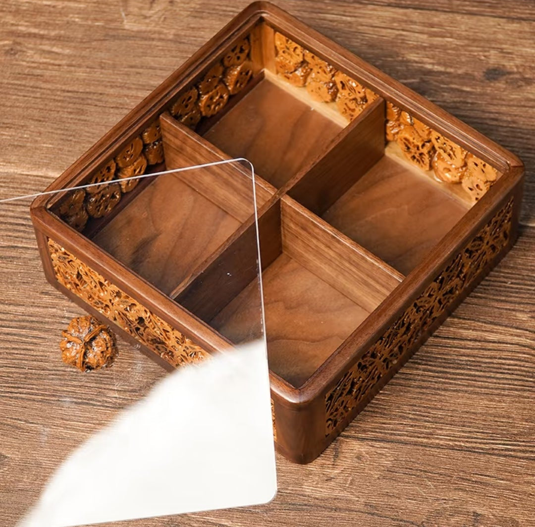 Handcrafted Walnut Shell Inlay Dry Fruit Box | 4-Compartment with Acrylic Lid
