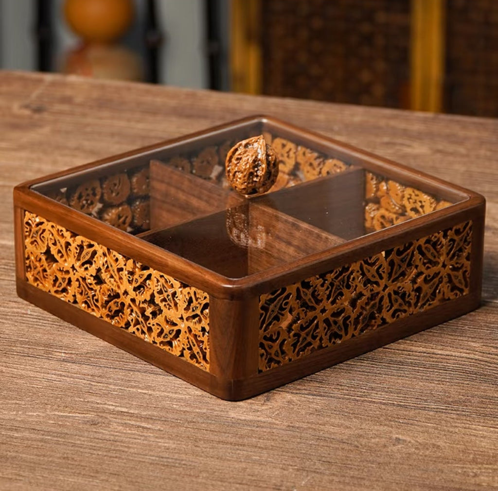 Handcrafted Walnut Shell Inlay Dry Fruit Box | 4-Compartment with Acrylic Lid
