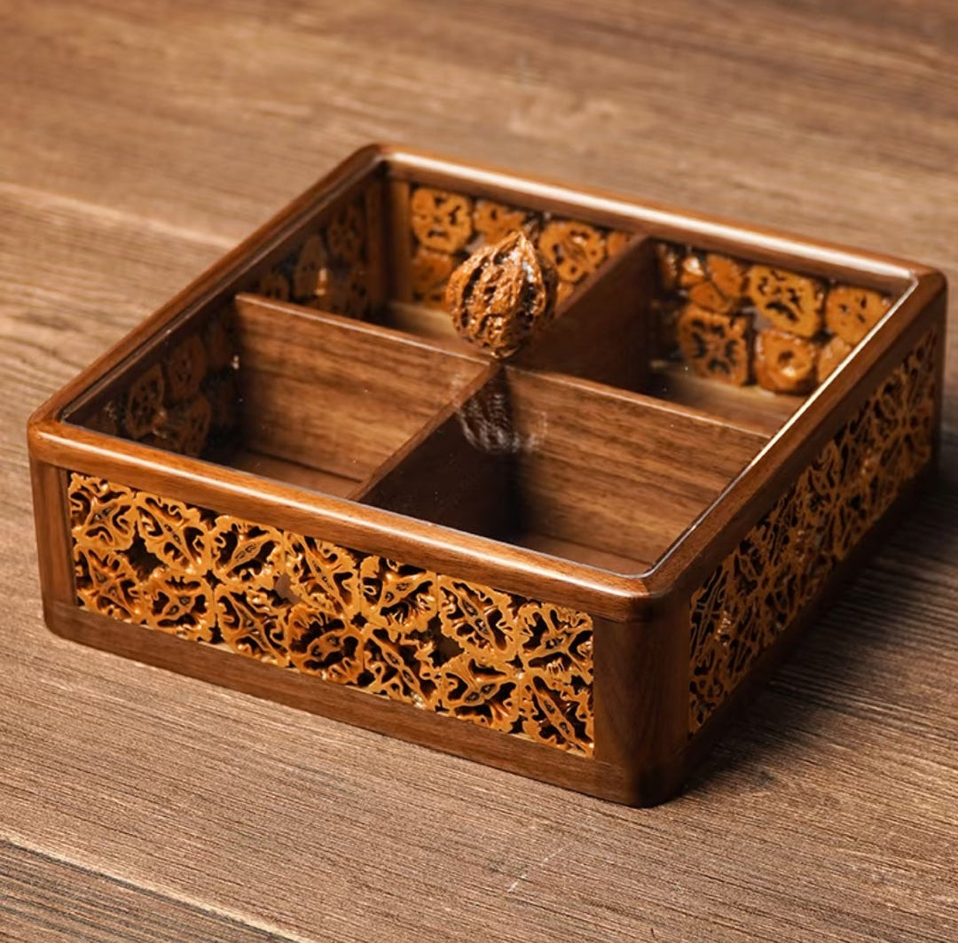 Handcrafted Walnut Shell Inlay Dry Fruit Box | 4-Compartment with Acrylic Lid