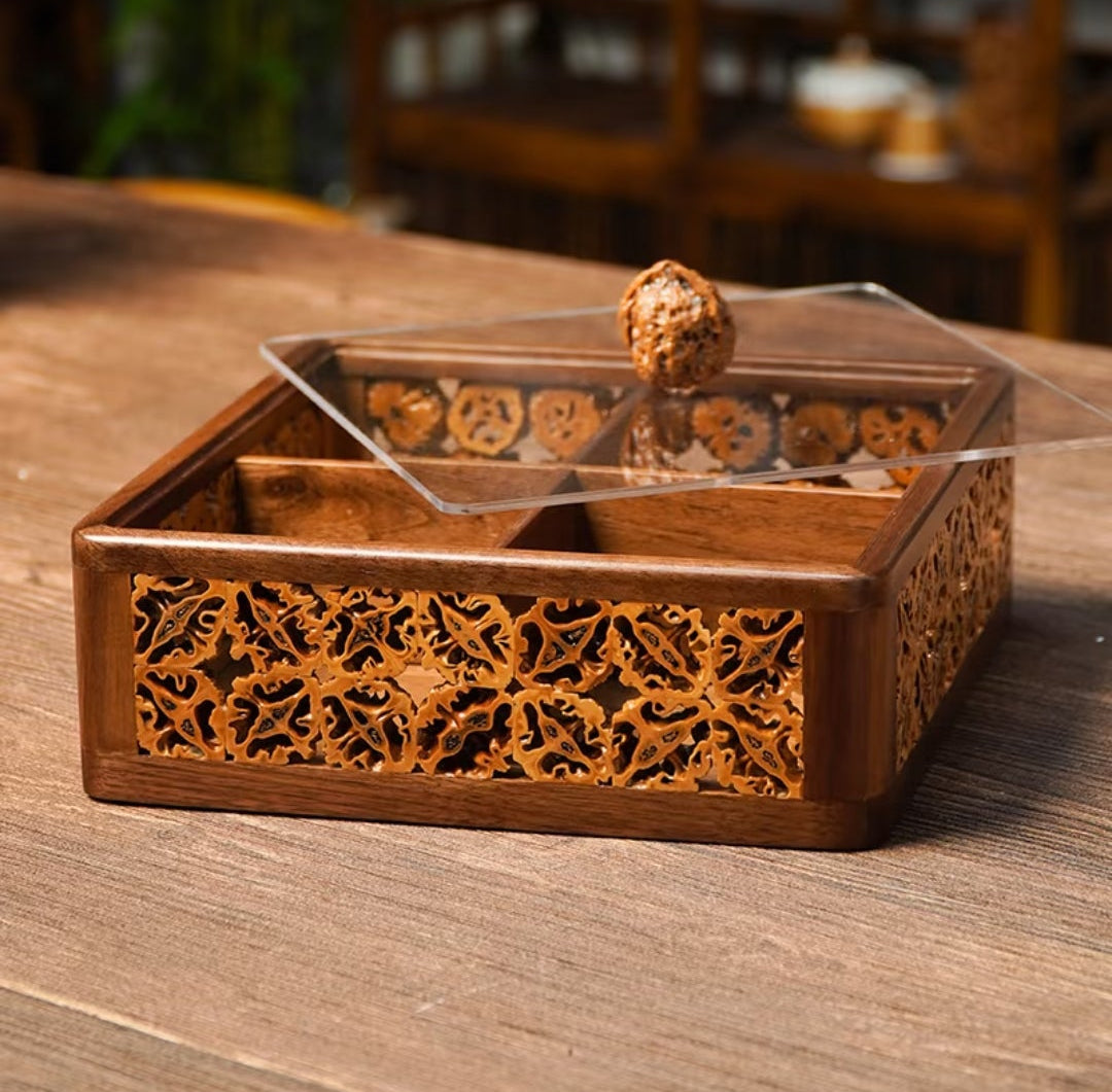 Handcrafted Walnut Shell Inlay Dry Fruit Box | 4-Compartment with Acrylic Lid