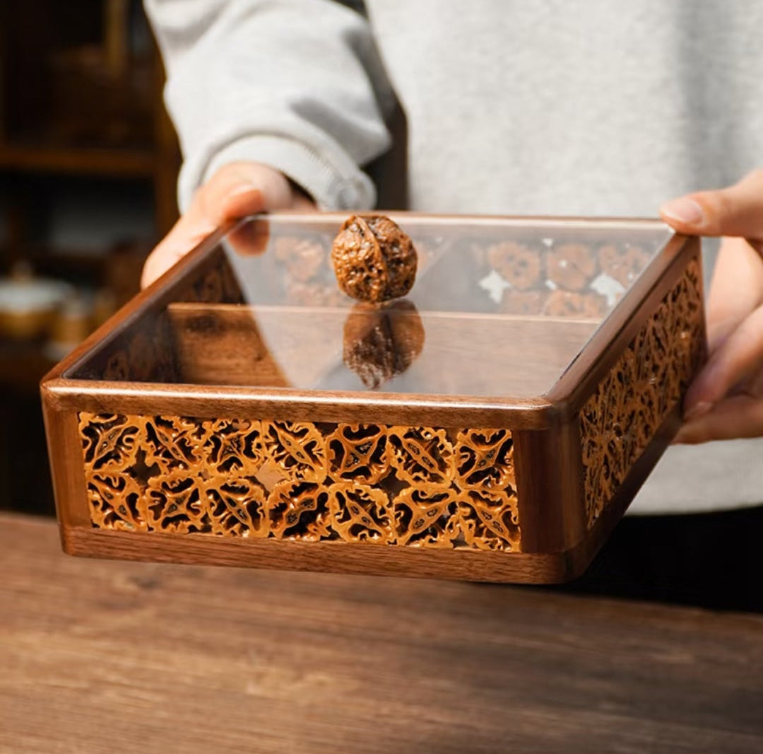 Handcrafted Walnut Shell Inlay Dry Fruit Box | 4-Compartment with Acrylic Lid
