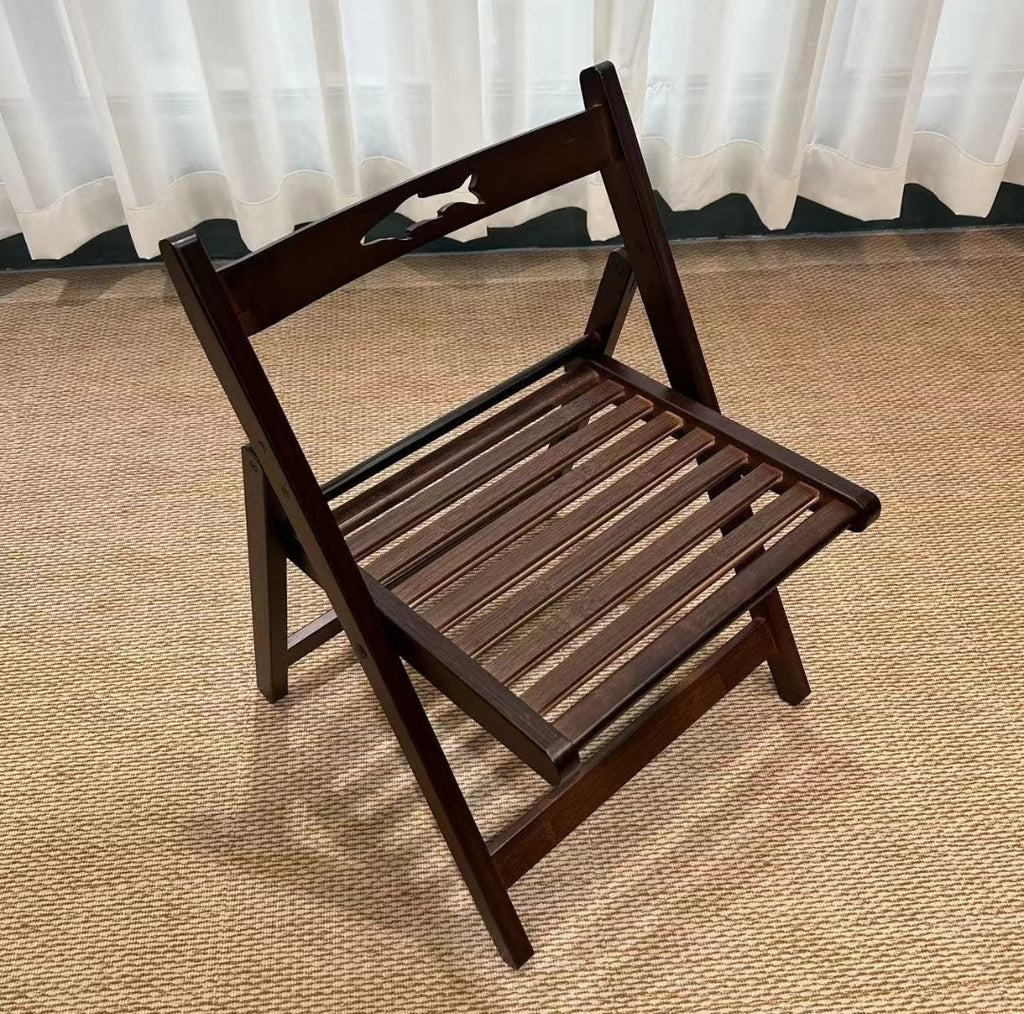 Small Walnut-Finish Slatted Folding Chair with Fish Carving