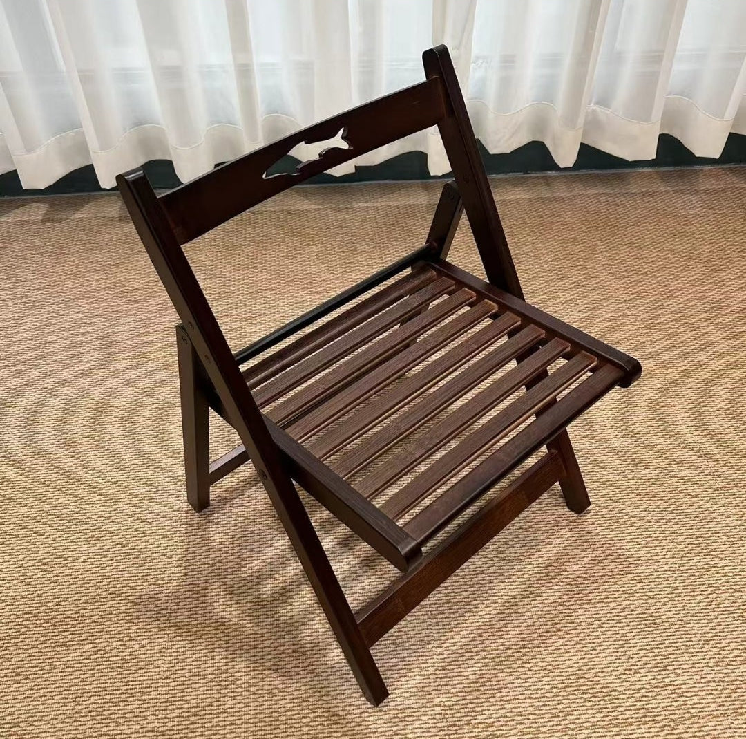 Small Walnut-Finish Slatted Folding Chair with Fish Carving