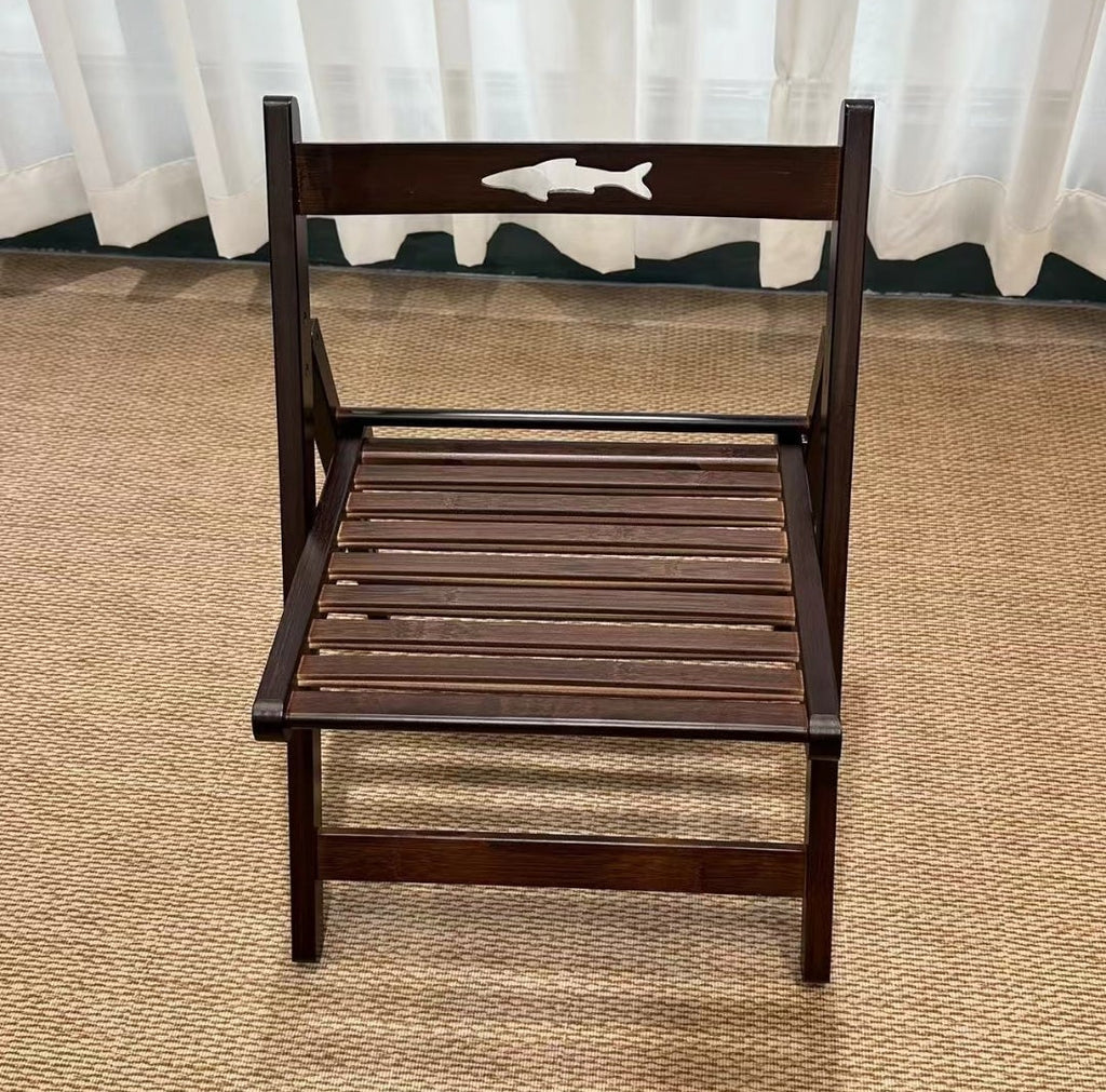 Small Walnut-Finish Slatted Folding Chair with Fish Carving