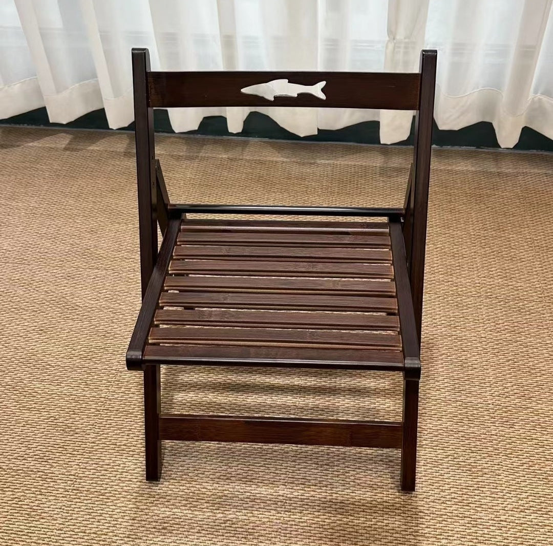Small Walnut-Finish Slatted Folding Chair with Fish Carving