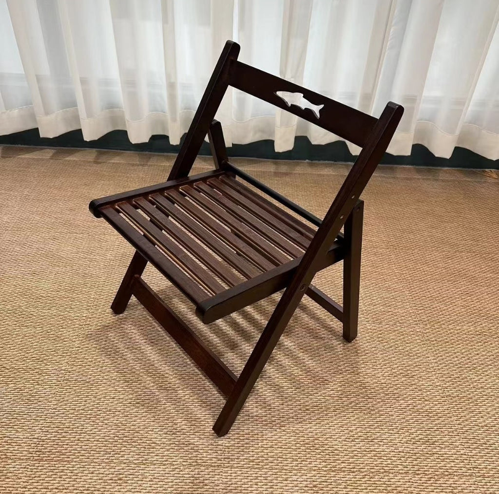 Small Walnut-Finish Slatted Folding Chair with Fish Carving
