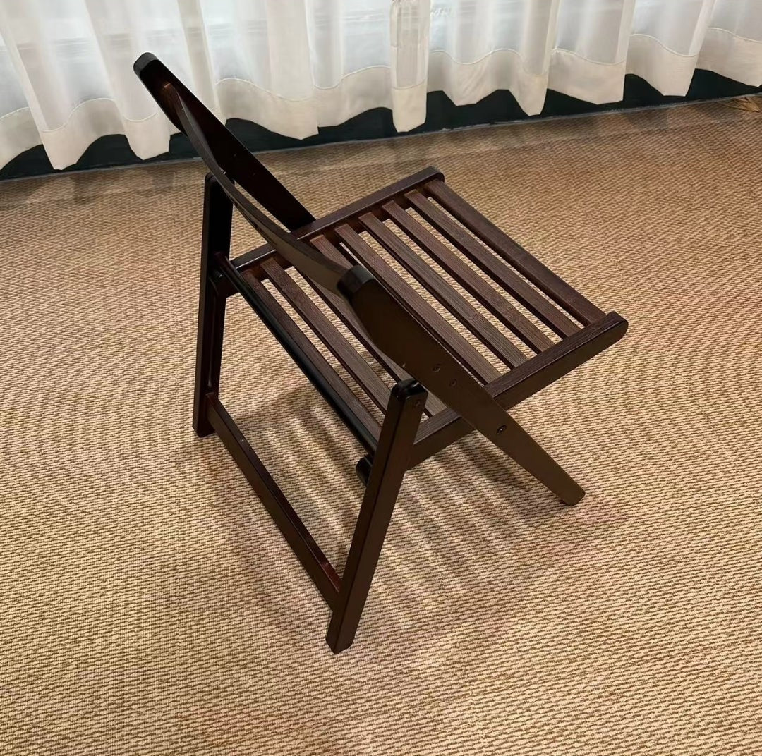 Small Walnut-Finish Slatted Folding Chair with Fish Carving