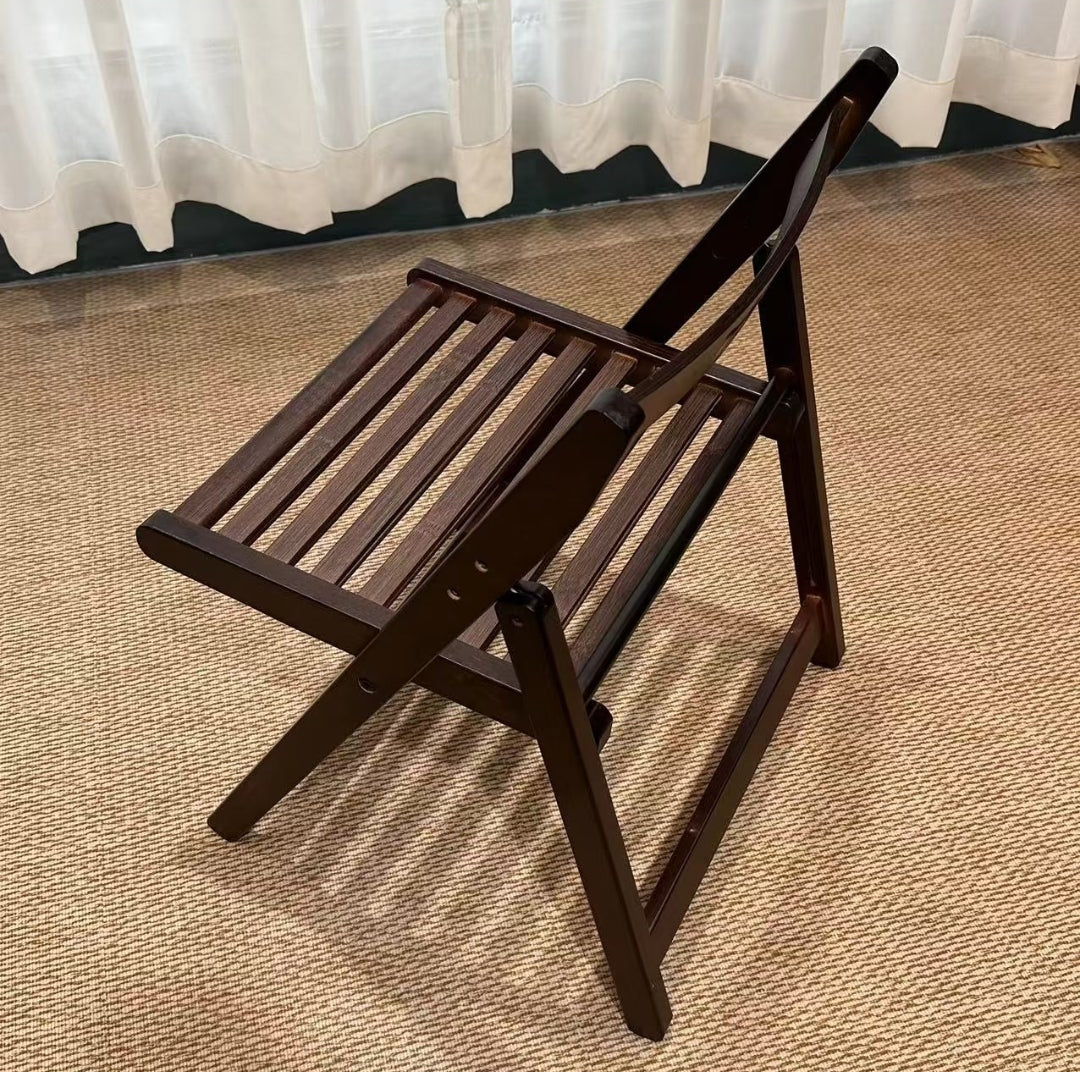 Small Walnut-Finish Slatted Folding Chair with Fish Carving