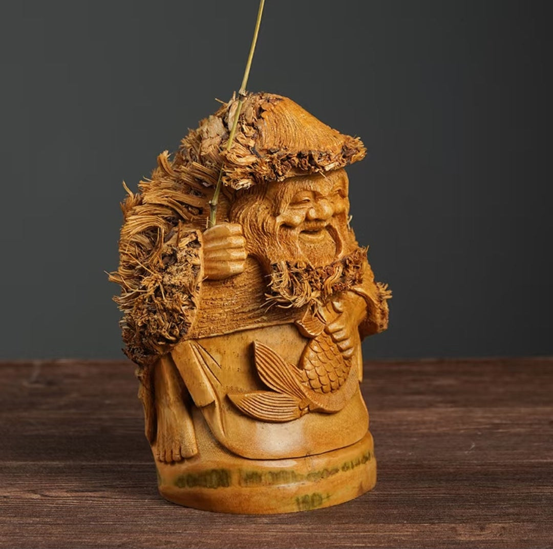 Handcarved Bamboo Root Fisherman Figurine | Decorative Sculpture