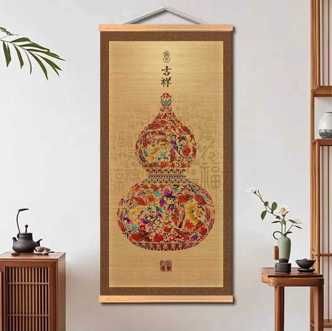 New Chinese Style Gourd Bamboo Scroll Hanging Painting — Auspicious Wall Art