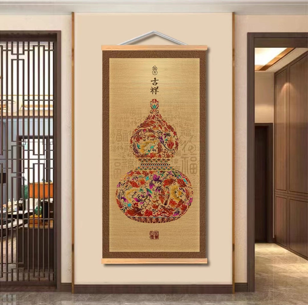 New Chinese Style Gourd Bamboo Scroll Hanging Painting — Auspicious Wall Art