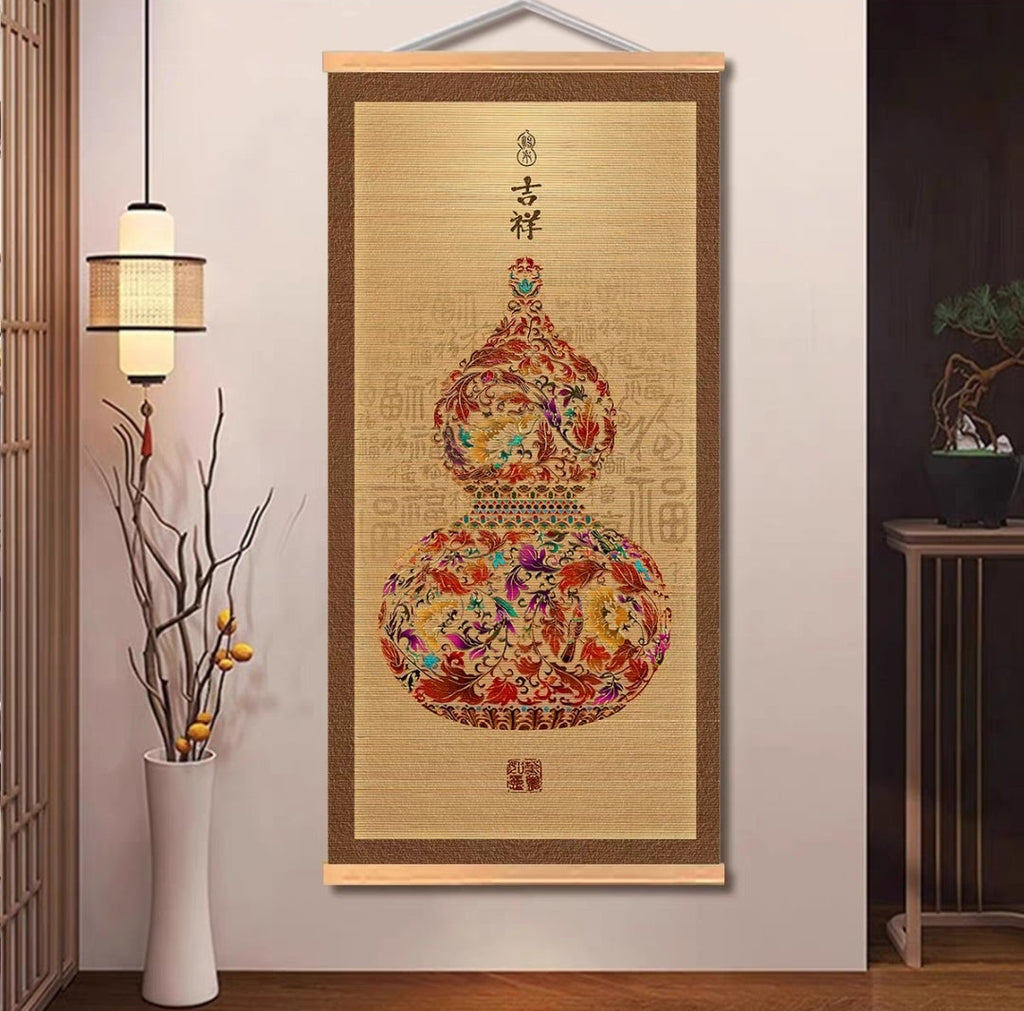 New Chinese Style Gourd Bamboo Scroll Hanging Painting — Auspicious Wall Art