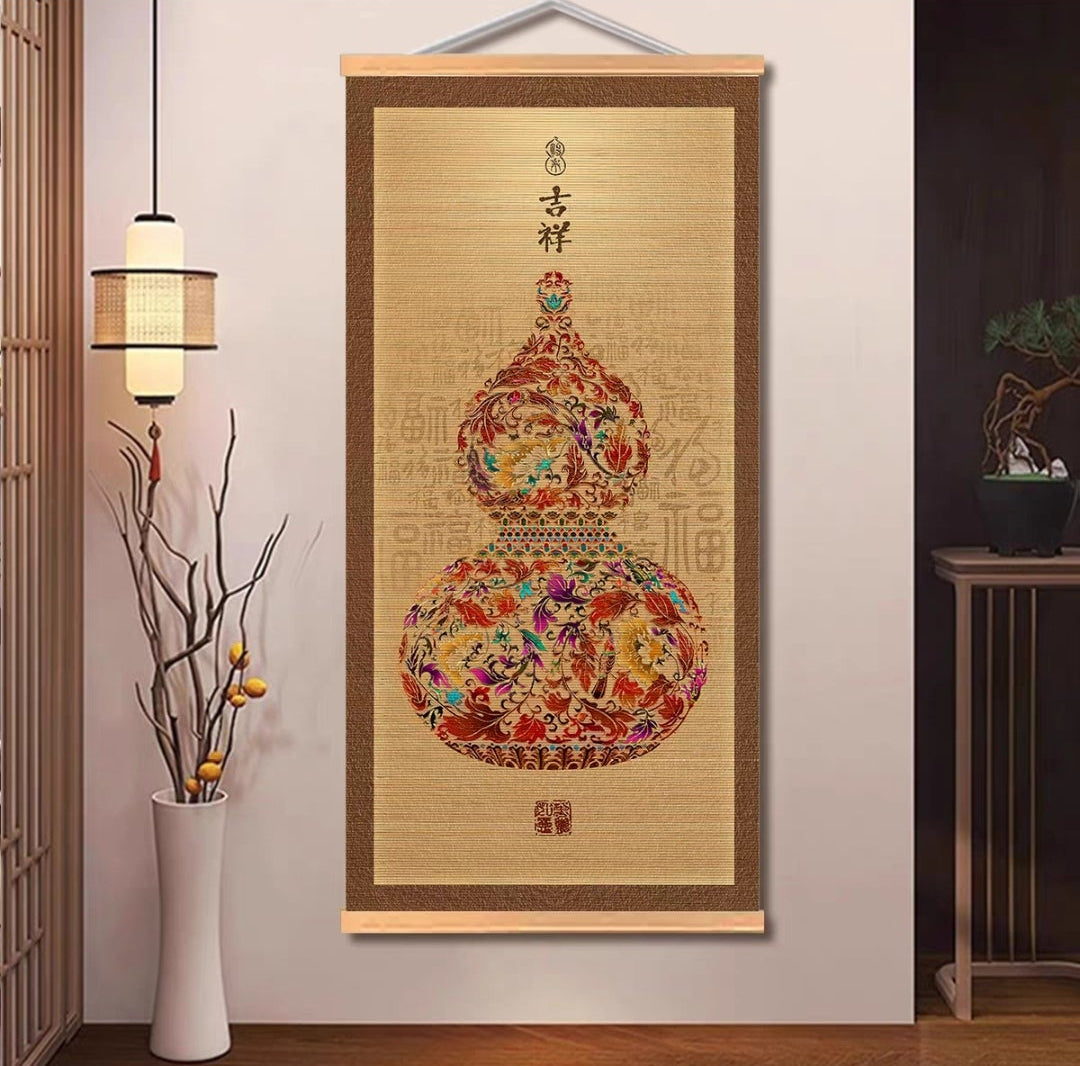 New Chinese Style Gourd Bamboo Scroll Hanging Painting — Auspicious Wall Art