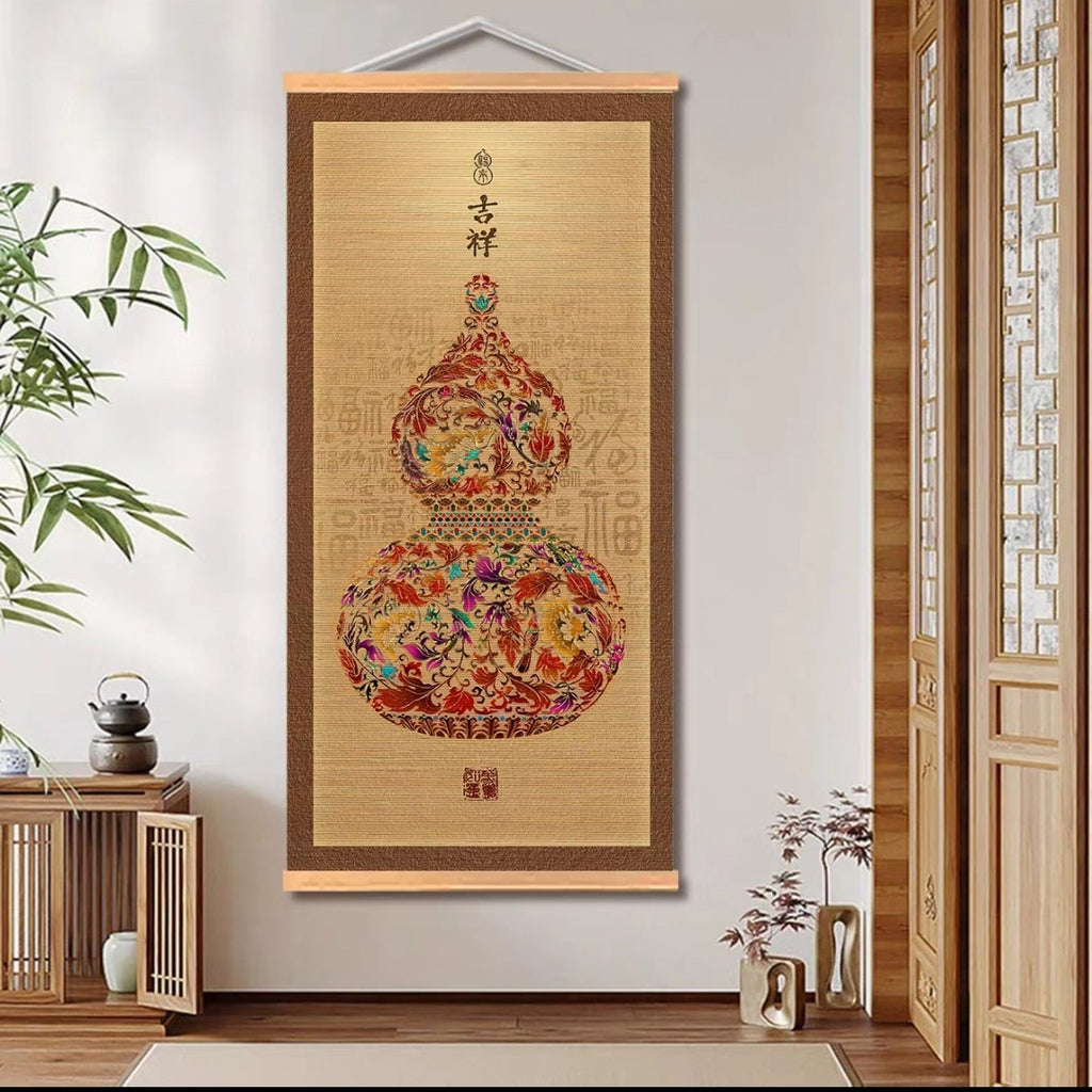 New Chinese Style Gourd Bamboo Scroll Hanging Painting — Auspicious Wall Art