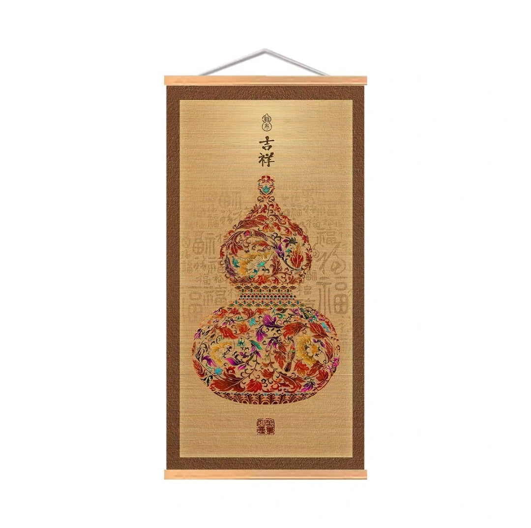 New Chinese Style Gourd Bamboo Scroll Hanging Painting — Auspicious Wall Art
