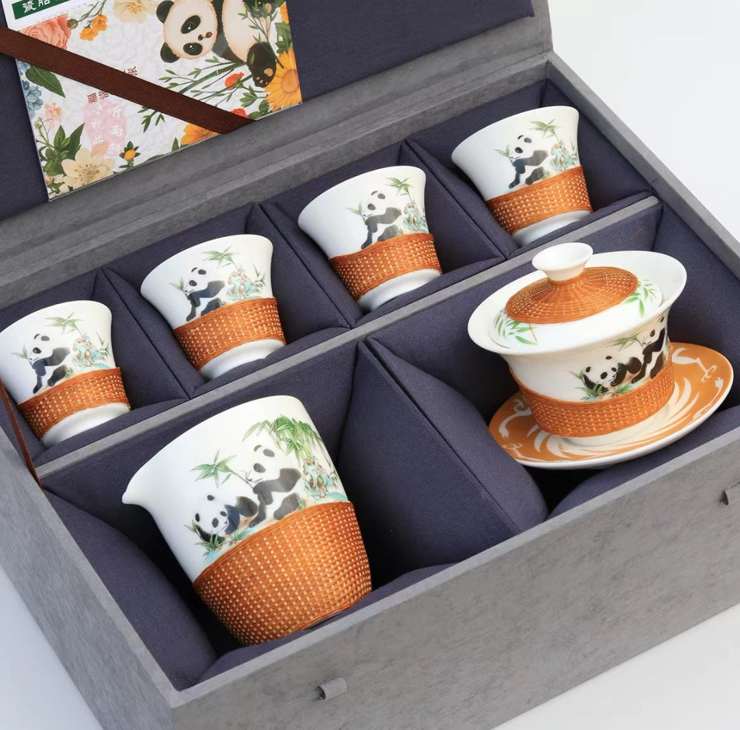 Intangible Cultural Heritage Panda Tea Set — Bamboo-Woven Porcelain Gaiwan Gift Box | Sichuan Specialty
