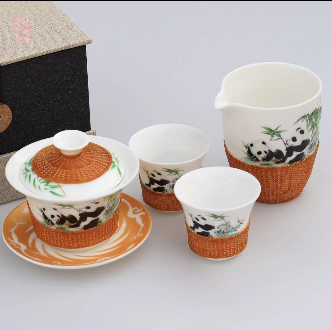 Intangible Cultural Heritage Panda Tea Set — Bamboo-Woven Porcelain Gaiwan Gift Box | Sichuan Specialty
